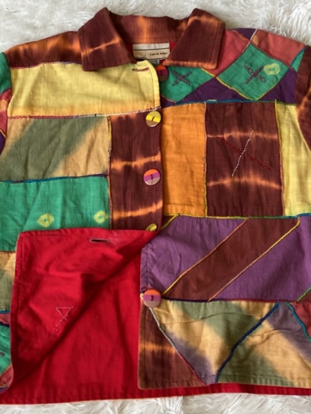 Carrie Allen Colorblock Patchwork Button-Up Jacket in Teal, Purple & Mustard - Picture 3 of 8